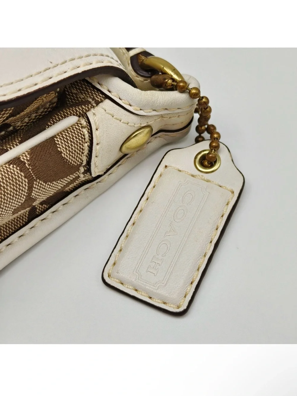 Coach Signature Mini Crossbody Bag Brown Canvas White Leather Flap Buckle Y2K